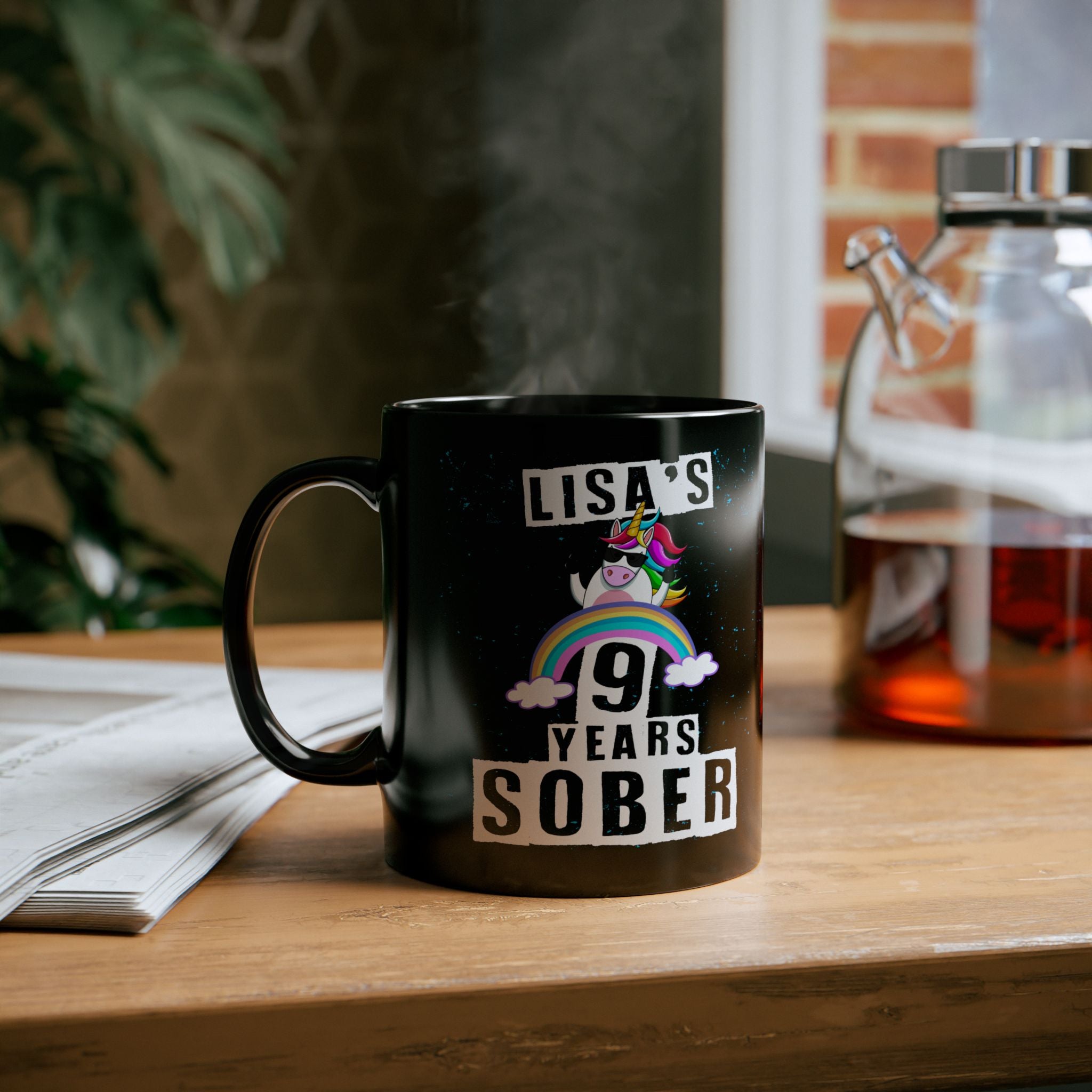Unicorn Sober Anniversary Coffee Mug Customized with Name and Years.
